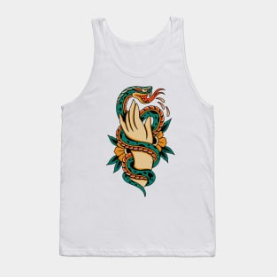 American Traditional Tattoo Snake wrapping Hand with Flowers Tank Top